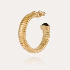 Gas Bijoux Antigone cabochon hoop earrings small size gold - Black Basalt^Femme Boucles D'oreilles