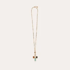 Gas Bijoux Croix Serti long necklace gold - White Mother-of-pearl, Turquoise, & Black Onyx^Femme Sautoirs